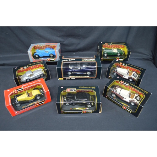 118 - Seven boxed Burago 1:24 scale model cars together with a Maisto 1:18 scale model Jaguar XJ220