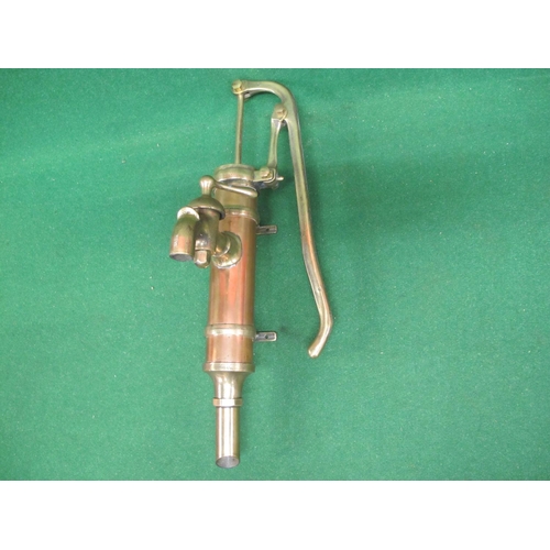 13 - Brass and copper hand pump with large tap and wall/post mounting brackets - total height 25