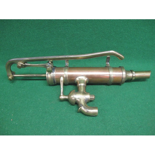 13 - Brass and copper hand pump with large tap and wall/post mounting brackets - total height 25