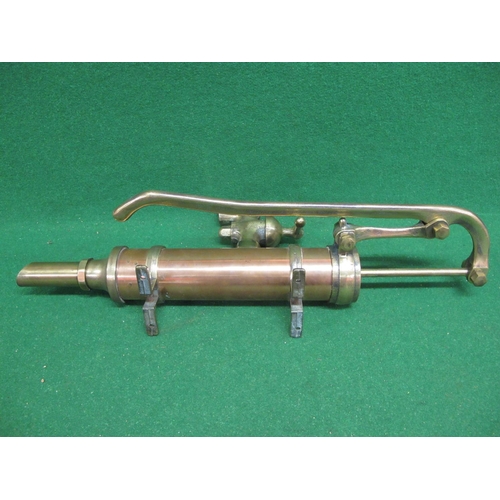 13 - Brass and copper hand pump with large tap and wall/post mounting brackets - total height 25