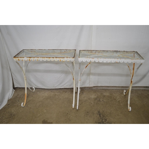 2 - Pair of wrought iron garden side tables having glass tops and standing on scrolled legs - 31.75