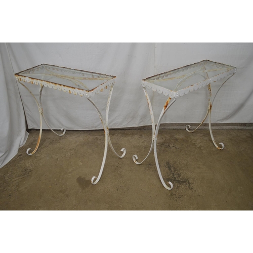 2 - Pair of wrought iron garden side tables having glass tops and standing on scrolled legs - 31.75