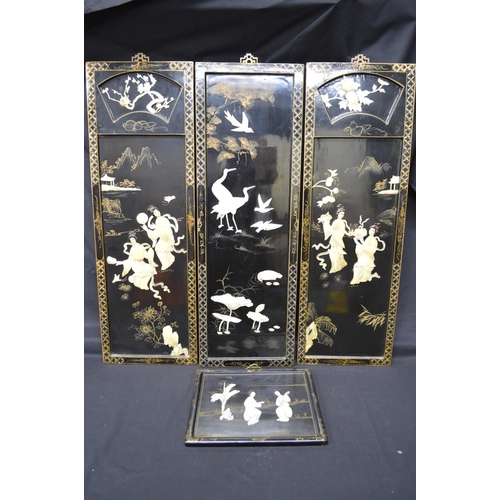 3 - Set of four 20th century lacquered wall  hanging panels having applied Mother of Pearl decoration of... 