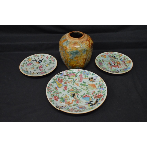 35 - Group of three Oriental Celadon green plates with hand painted decoration of flowers and butterflies... 