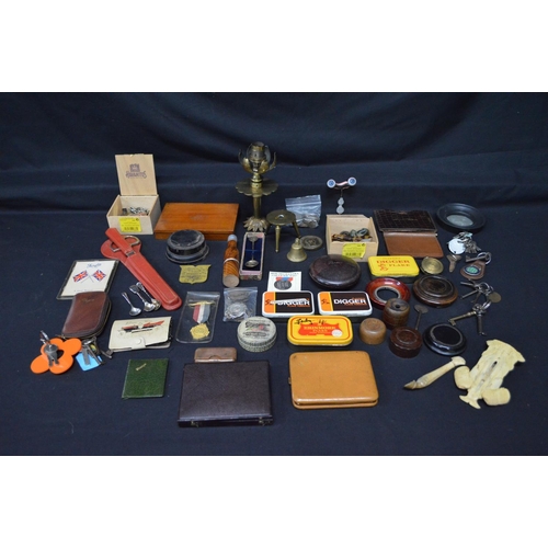 43 - Collection of sundry items to include: tobacco tins, coins, cased photograph frame and keys etc