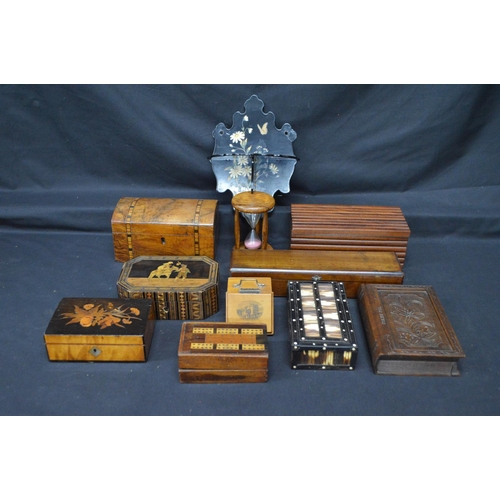 46 - Quantity of wooden boxes to include: two section tea caddy, cribbage box and Mauchline ware scuttle ... 