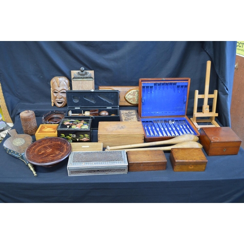 60 - Collection of wooden items etc to include: various boxes, picture stand, book slide and juggling bat... 