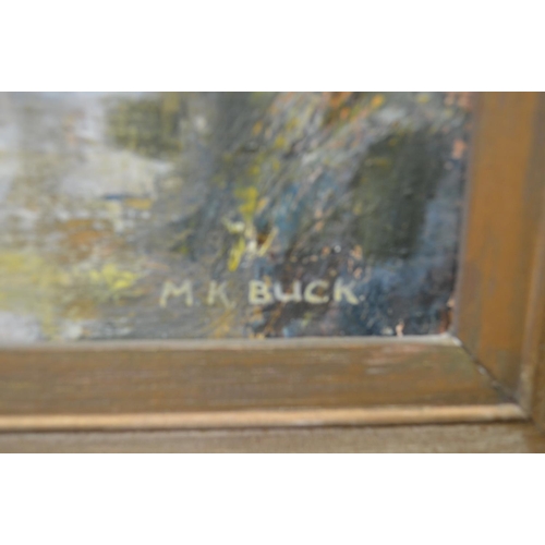 61 - MK Buck, oil on canvas of windmill and buildings at a waters edge, in unglazed gilt frame - 17