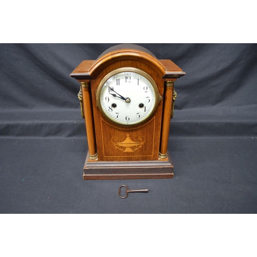 66 - Inlaid mahogany mantel clock having white enamel dial, black numerals and black hands - 12.25