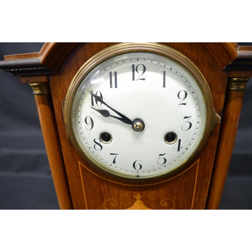 66 - Inlaid mahogany mantel clock having white enamel dial, black numerals and black hands - 12.25