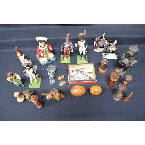 77 - Group of painted lead figures together with a quantity of wood carvings etc