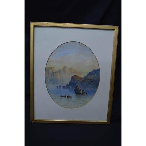 180A - Edwin Earp (1851-1945) watercolour of fishermen on boats with mountains beyond, mounted in glazed gi... 