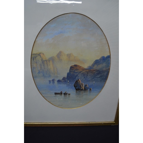 180A - Edwin Earp (1851-1945) watercolour of fishermen on boats with mountains beyond, mounted in glazed gi... 