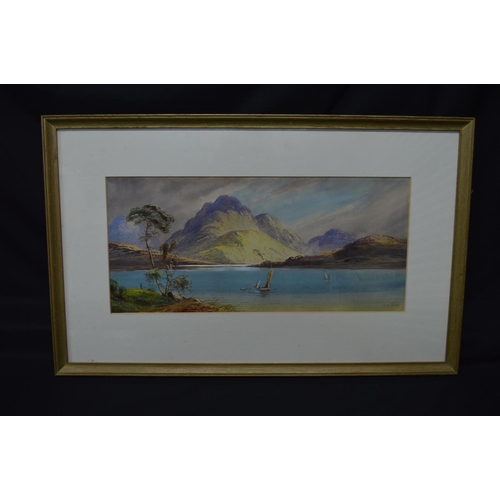 180B - EM Earp (Edwin Earp 1851-1945) watercolour of fishing boats with mountains beyond, in glazed gilt fr... 