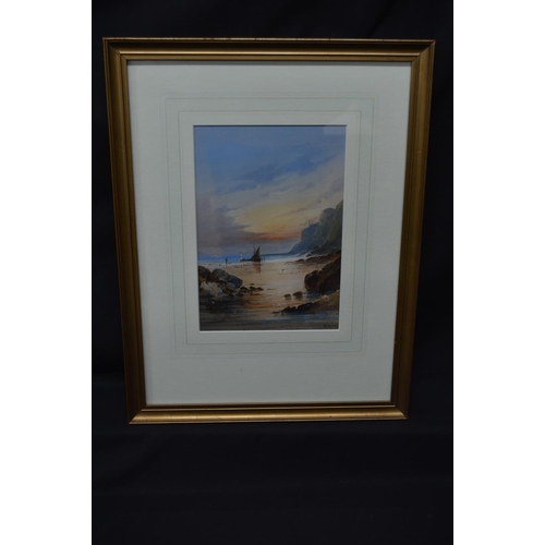 180C - William Arthur Earp, watercolour of fishing boat beneath cliffs (possibly the Devon coast), in glaze... 