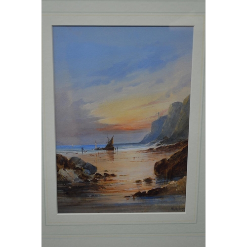 180C - William Arthur Earp, watercolour of fishing boat beneath cliffs (possibly the Devon coast), in glaze... 