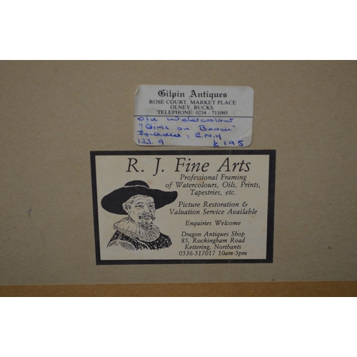 190A - Edward William Hereford, RN (1884-1915) watercolour titled Girls On Beach, No. 123 and signed EWH, i... 