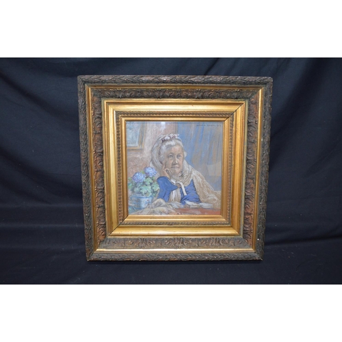 190B - Richard Ranft (1862-1931) pastel portrait of an elderly lady in thought seated at a table, in glazed... 