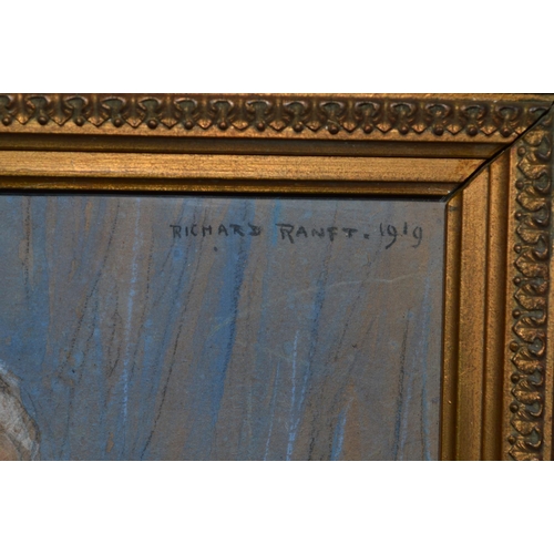 190B - Richard Ranft (1862-1931) pastel portrait of an elderly lady in thought seated at a table, in glazed... 