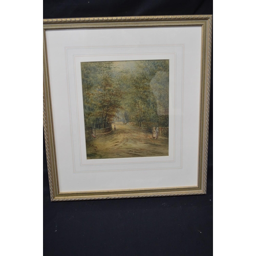190C - L Heaton, watercolour of figures walking on a tree lined walled track, signed and dated 1910 lower l... 