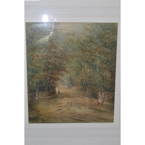 190C - L Heaton, watercolour of figures walking on a tree lined walled track, signed and dated 1910 lower l... 