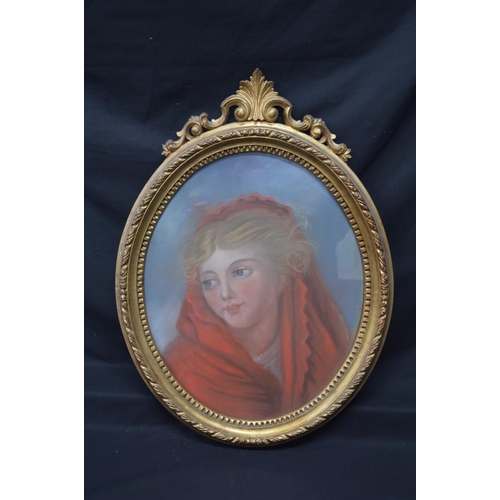 200A - Unsigned oval pastel portrait of young girl wearing a red shawl, in glazed gilt frame - 14