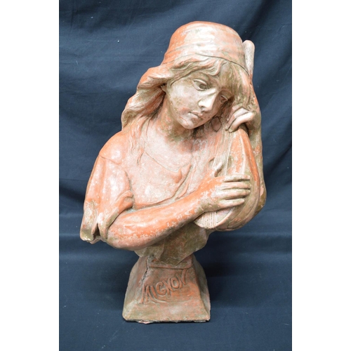 185 - 20th century reconstituted stone bust of Mignon playing a lute - 20.5