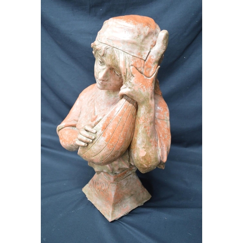 185 - 20th century reconstituted stone bust of Mignon playing a lute - 20.5