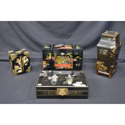 186 - Late 20th century lacquered jewellery box together with two other Oriental style jewellery boxes and... 