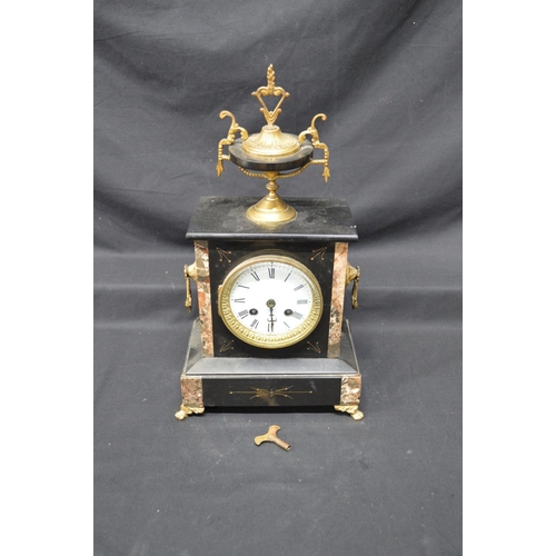 190 - Slate and marble mantel clock with urn formed pediment, white dial, Roman Numerals and black hands -... 