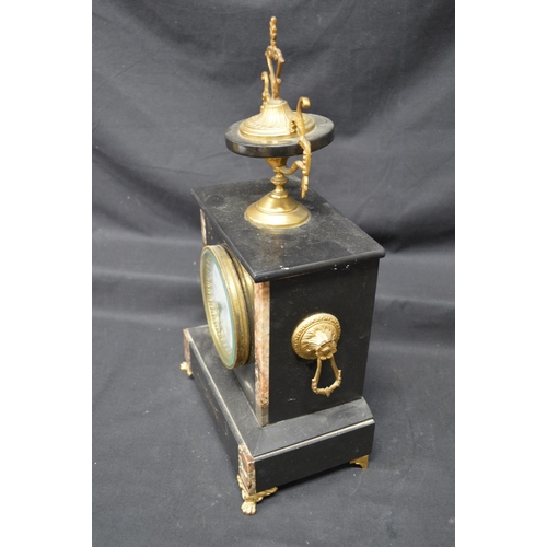 190 - Slate and marble mantel clock with urn formed pediment, white dial, Roman Numerals and black hands -... 