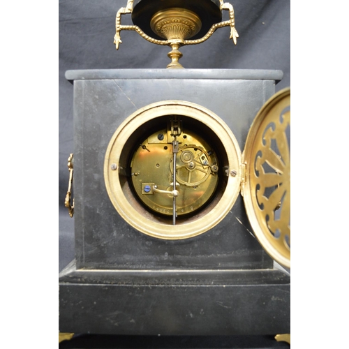 190 - Slate and marble mantel clock with urn formed pediment, white dial, Roman Numerals and black hands -... 