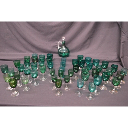 193 - Collection of forty eight Georgian Green wine glasses having green bowls on clear stems and circular... 
