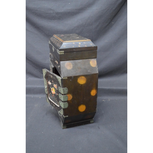 195 - 20th century Japanese lacquered table top cabinet with lift top over two doors opening to reveal dra... 