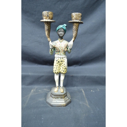 198 - Late 20th century bronze painted figural candelabra of young man holding two cornucopia style sconce... 