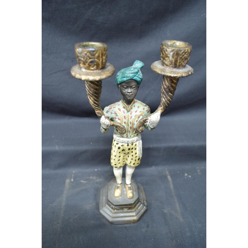 198 - Late 20th century bronze painted figural candelabra of young man holding two cornucopia style sconce... 