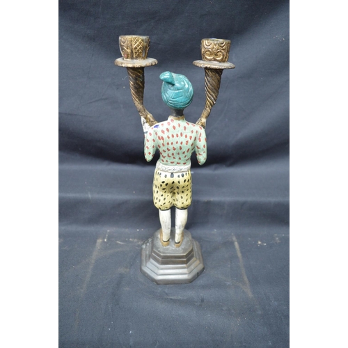 198 - Late 20th century bronze painted figural candelabra of young man holding two cornucopia style sconce... 