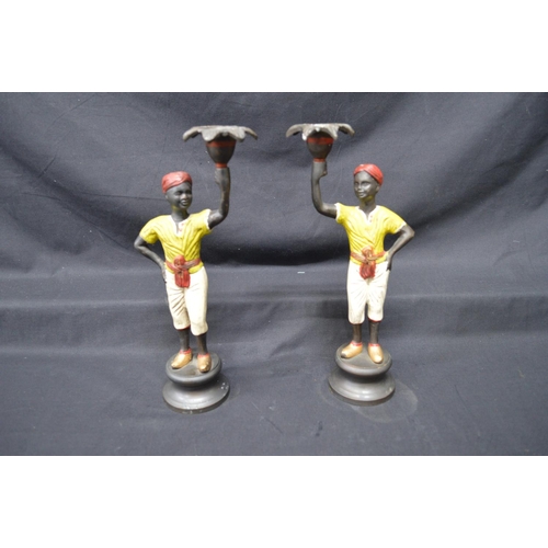 199 - Pair of late 20th century bronze painted figural candlesticks of young men, standing on circular bas... 