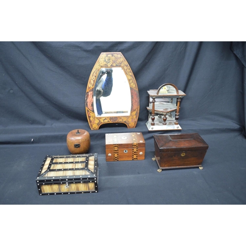 207 - Porcupine Quillwork box together with three tea caddy's, penwork wall mirror and mirrored shelf