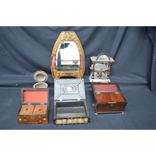 207 - Porcupine Quillwork box together with three tea caddy's, penwork wall mirror and mirrored shelf