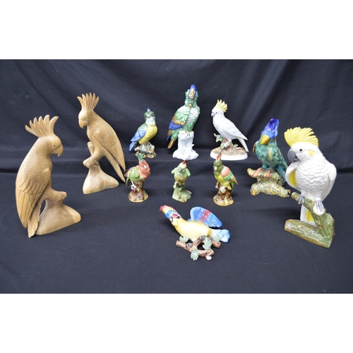 213 - Group of eleven porcelain and wood figures of Cockatoo/Cockatiels