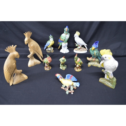 213 - Group of eleven porcelain and wood figures of Cockatoo/Cockatiels