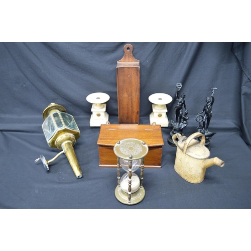 218 - Collection of sundry items to include: pair of painted figures, painted watering can, pair of alabas... 