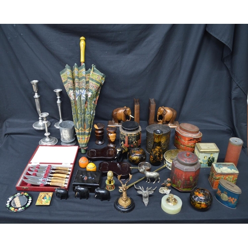 219 - Collection of sundry items to include: quantity of vintage tins, parasol and elephant bookends etc