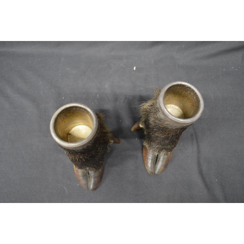 223 - Pair of taxidermy wild boar hoof/trotter beakers with silver plated liners and rims - 6.75