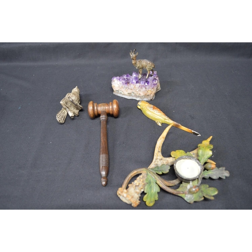 225 - Bronze painted figure of Mountain Goat together with a bronze painted and antler candle stand, woode... 