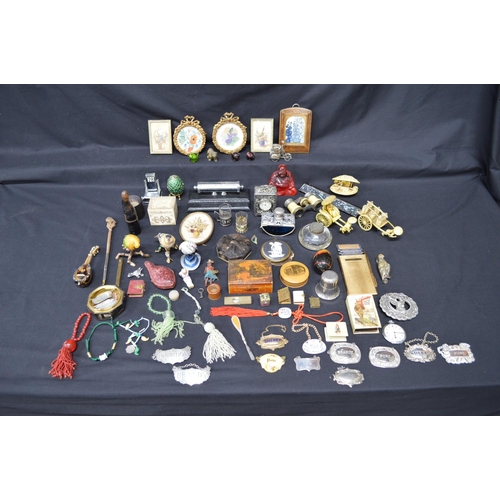 226 - Collection of sundry items to include: decanter labels, cased pipe, Mauchline ware box and opera gla... 