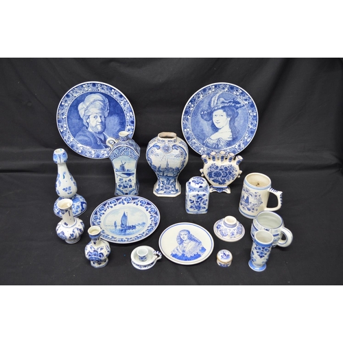 229 - Quantity of blue and white Delft ware to include: vases, plates, candle holders and lidded jar