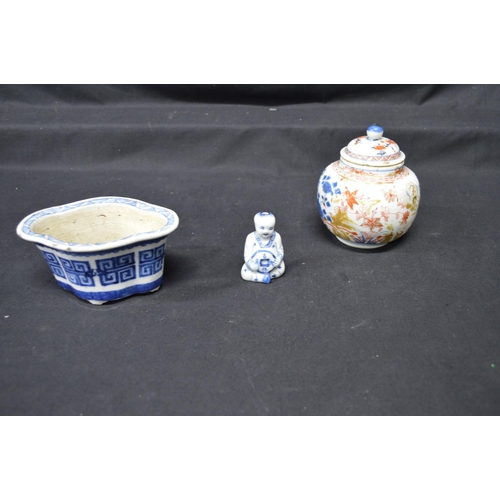233 - Group of Chinese and Japanese ceramics to comprise: shaped Bonsai pot, jar and cover, vase, four sce... 
