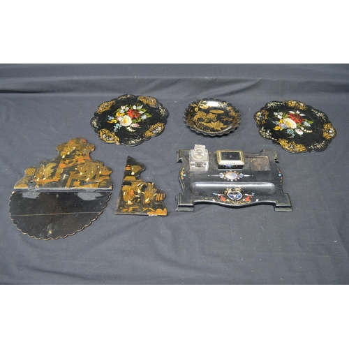 204 - Group of 19th/20th century lacquered papier mache items to include: double inkwell stand, folding sh... 